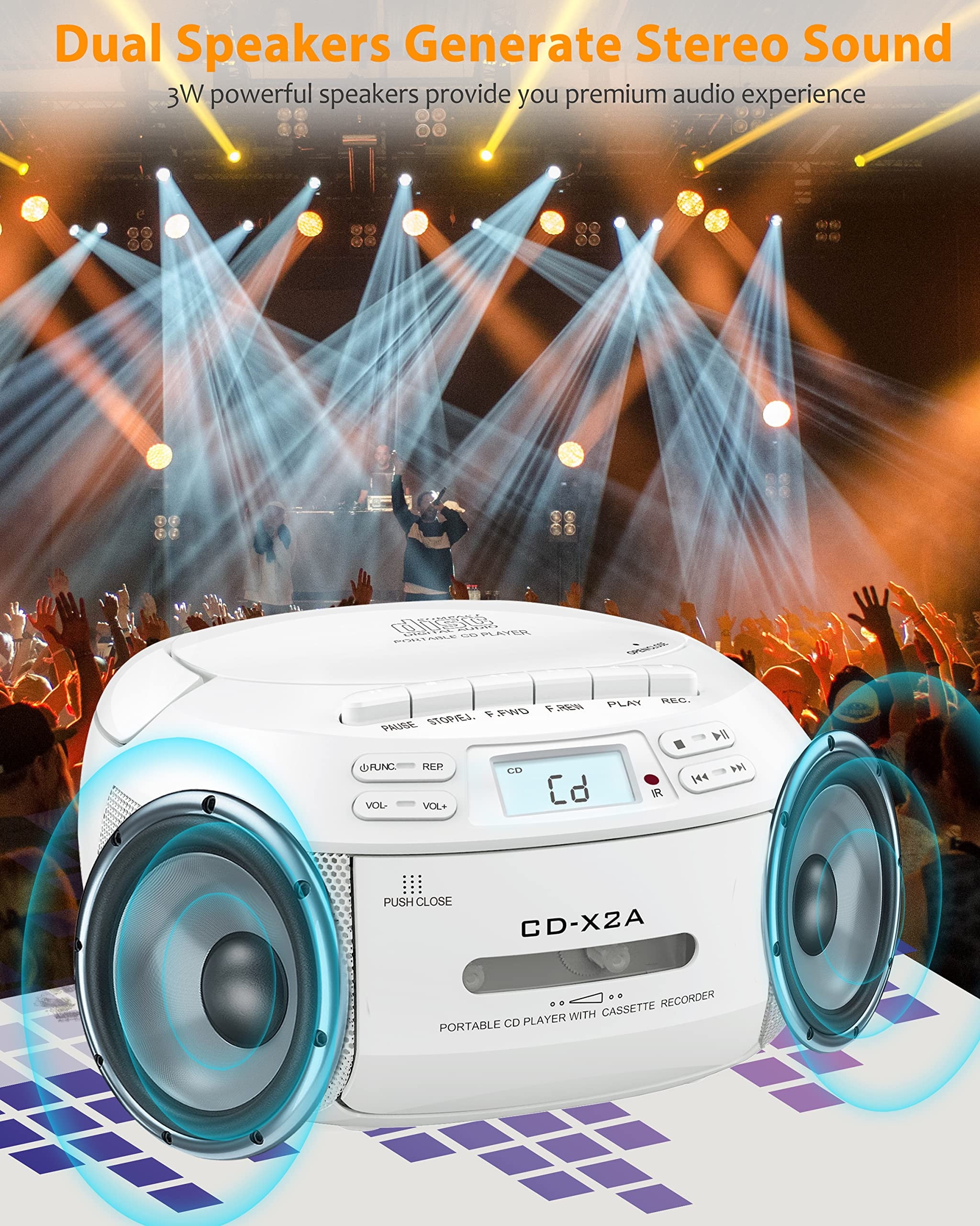 Jazmm CD Player Combo with Bluetooth, Boombox Cassette Portable CD Players, Support AM FM Radio/Remote Control/AUX/USB/Earphone, AC/Battery Operated, LCD Display for Home, Kids, Gift (White)