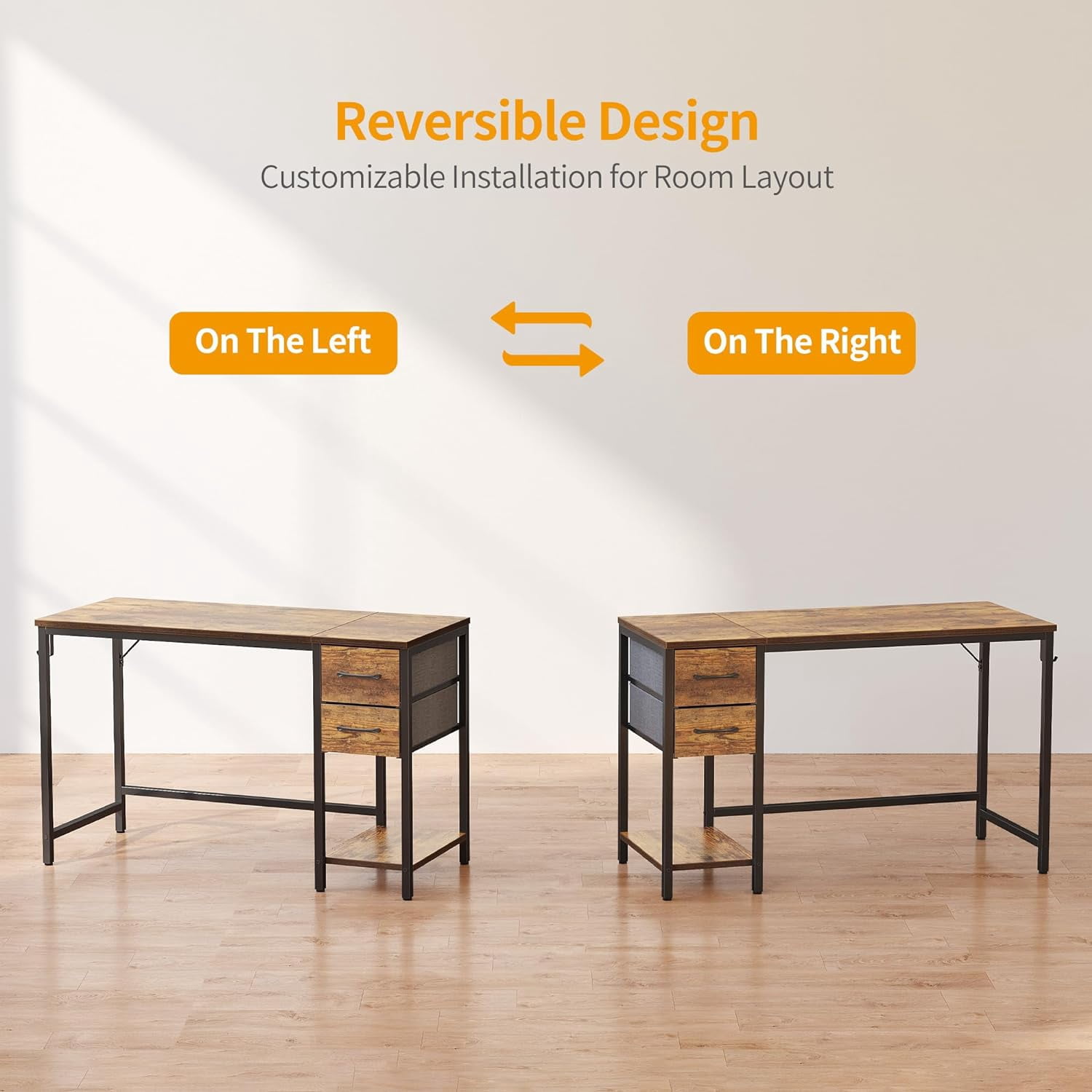 DESINO Computer Desk with Drawers, 47 Inch Study Writing Table, Modern Simple Style PC Desk for Bedroom, Gaming, Rustic Brown