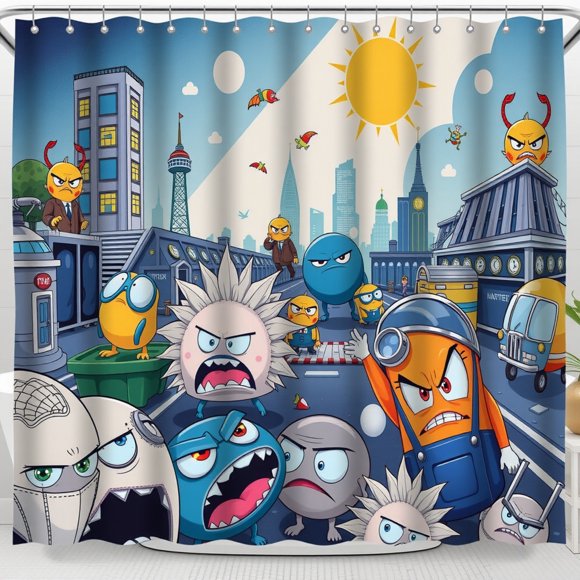Whimsical City Shower Curtain with Cartoon Characters - Fun & Playful Bathroom Decor