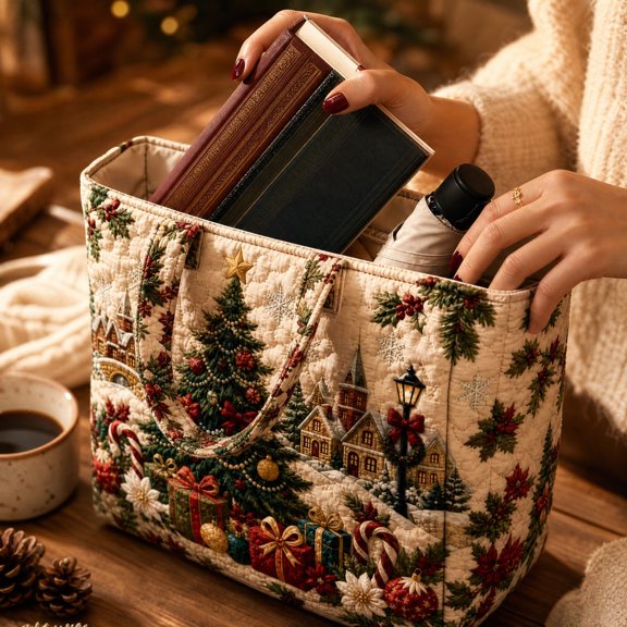 Christmas Quilted Tote Bag, Holiday Shoulder Tote Bag, Professional Work & School Tote Bag, Trendy , Perfect Holiday Gift Selection