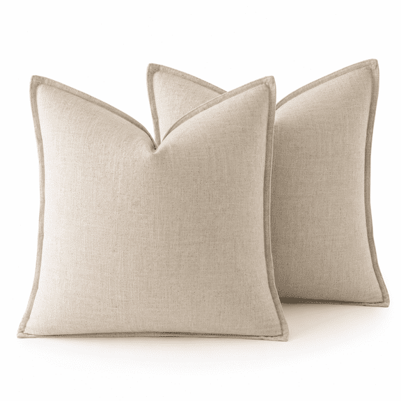 Decorative Linen Euro Sham Throw Pillow Covers 24x24 Set of 2, Natural Beige Boho Farmhouse Pillow Covers with Flange Edges for Bed Sofa Couch Living Room Decor