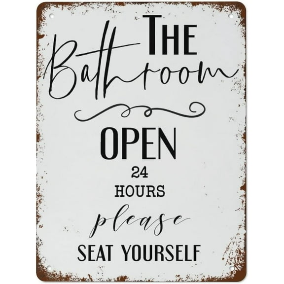 Washroom Open 24 Hours Please Seat Yourself powder Room Vintage Tin Sign – Retro Metal Wall Decor for Home, Bar, Garage, or Man Cave,8×12 inch