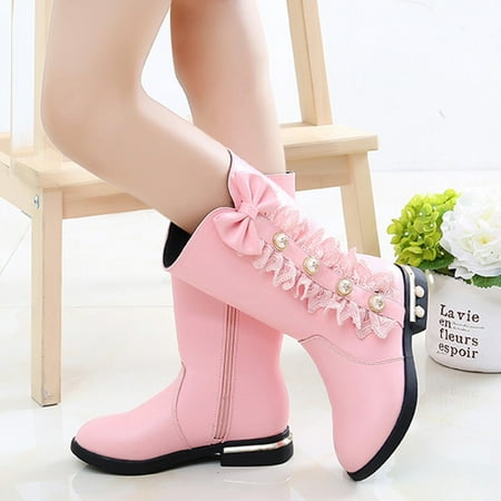 

〖Roliyen〗Girls Boots Kids Baby Girls Princess Shoes Fashion Bowkont Lace Knee Boots