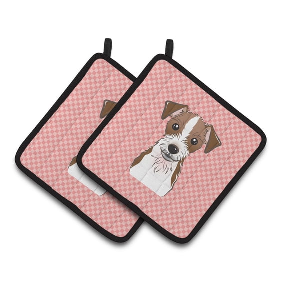 Carolines Treasures BB1202PTHD Checkerboard Pink Jack Russell Terrier Pair of Pot Holders 7.5HX7.5W multicolor