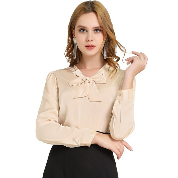 Blusa Cuello Sedoso Corbata Cuello En V Manga Larga Camisa Elegante Oficina Para Mujeres Albaricoque XL Allegra K