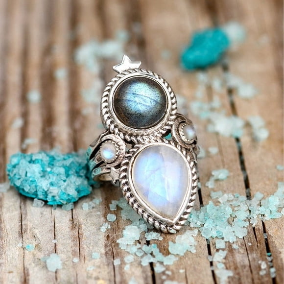 Chamunda Jeweller Stars and Moon Ring, Blue Moonstone and Labradorite Sterling Silver Ring