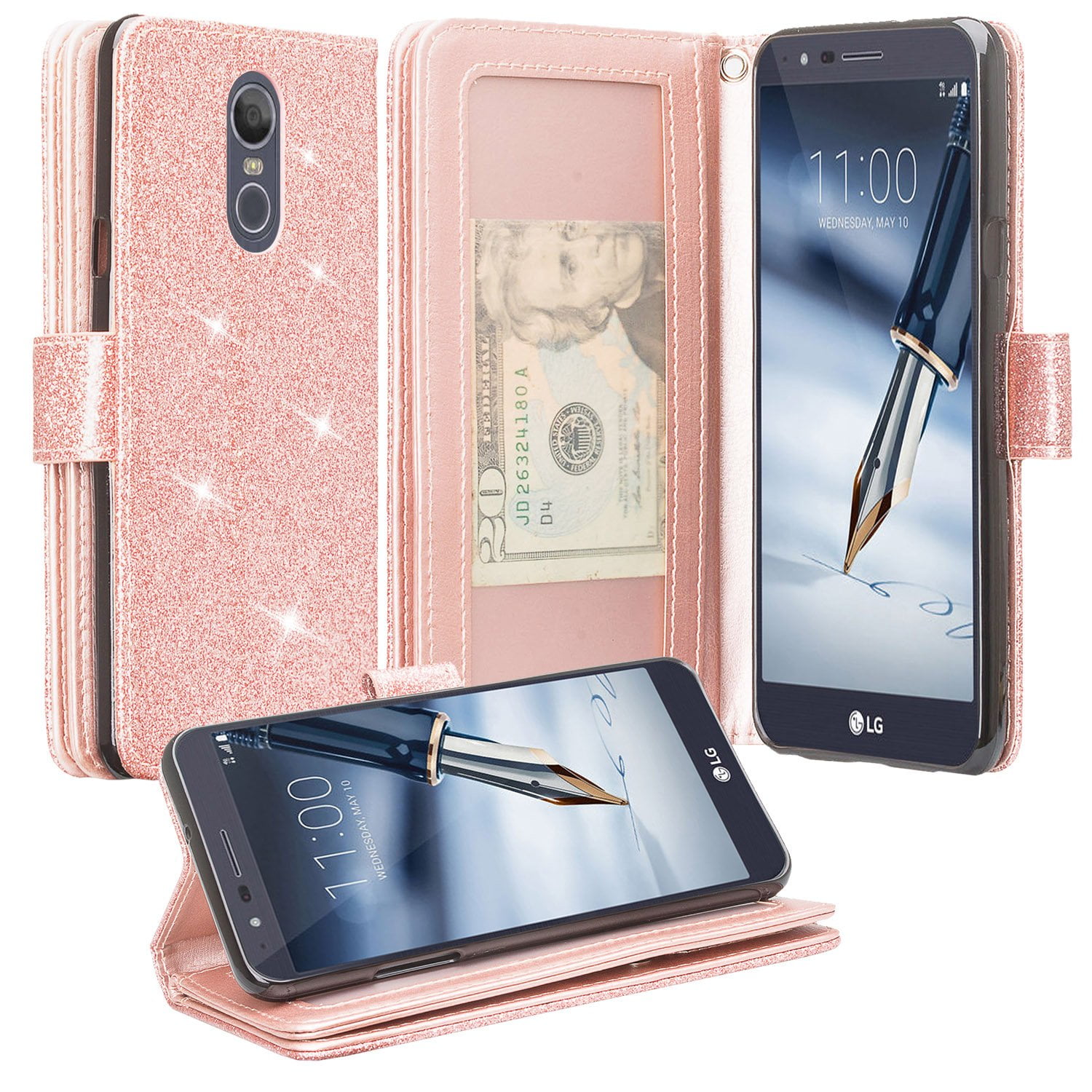 LG Stylo 4 Case,LG Q Stylus Case,LG Stylo 4 Plus/LG Stylus 4 Case,Magnetic Buckle PU Leather Wrist Strap Wallet Case with Card Slots for LG Stylo 4 