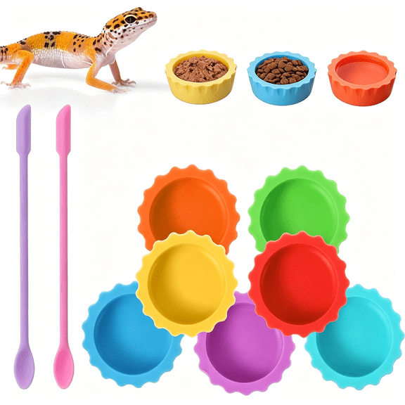 ACDANC 9Pcs Silicone Reptile Feeding Dish Set, Colorful Small Animal Bowls with 2 Silicone Spoon for Reptile Tanks, Practical Crested Gecko Tank Accessories for Small Pet