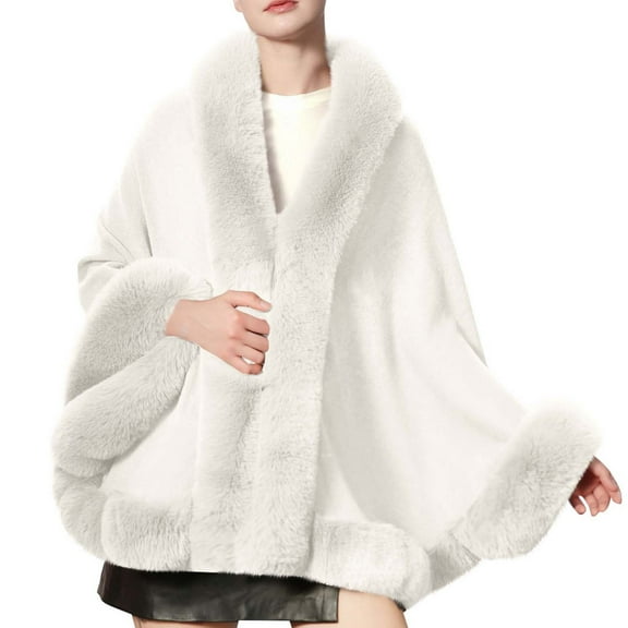 Miluxas Faux Fleece Shawl Wrap Women Cape Poncho Cloak with Faux Plush Trim Winter Sleeveless Cardigan Coat for Party Wedding White Free Size