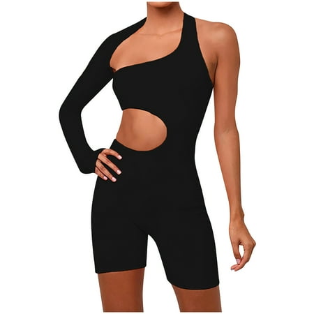 

Women s Sexy Cut Out One Shoulder Long Sleeve Jumpsuit Short Workout Bodysuit Romper Clubwear for Women