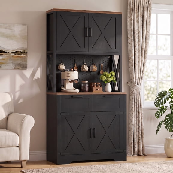 Homieasy Pantry Cabinet with Microwave Countertop, 71" Tall Kitchen Pantry Storage Cabinet with Charging Station & LED Lights, Freestanding Kitchen Hutch with Drawers and Pegboard, Black