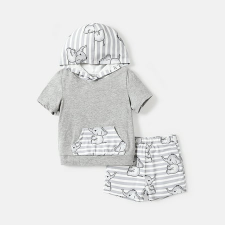 

PatPat Naia 2pcs Toddler Boy Elephant Print Hooded Tee and Stripe Shorts Set