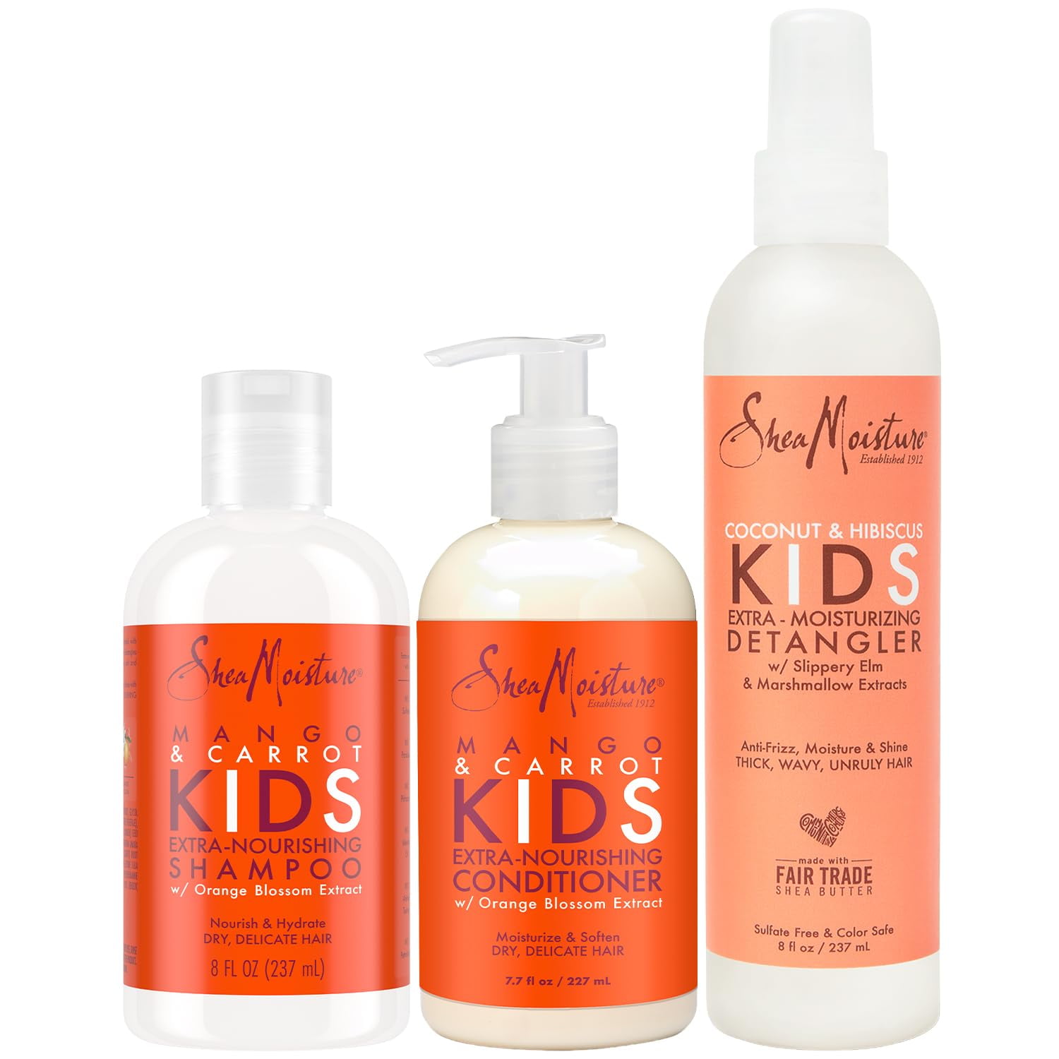 SheaMoisture Kids Shampoo & Conditioner, Mango & Carrot + Detangler Spray | Sulfate-Free Shampoo & Conditioner with Orange Blossom Extract + Coconut & Hibiscus Extra-Moisturizing Detangler for Kids