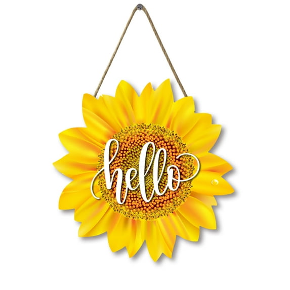 Sunflower Hello Wood Door Hanger 12 Inch Large Wooden Flower Sign Inspirational Wall Porch Art Summer Fall Front Door Wreath Hanging for Bedroom Living Room Indoor Outdoor Kitchen Home Decor