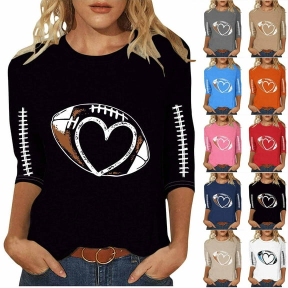 Feancey Game Day Shirts Women Football Heart Print 3/4 Sleeve Tunic Tops Loose Fit Casual Office Work Blouse Comfy Crewneck Tees Beige 3XL