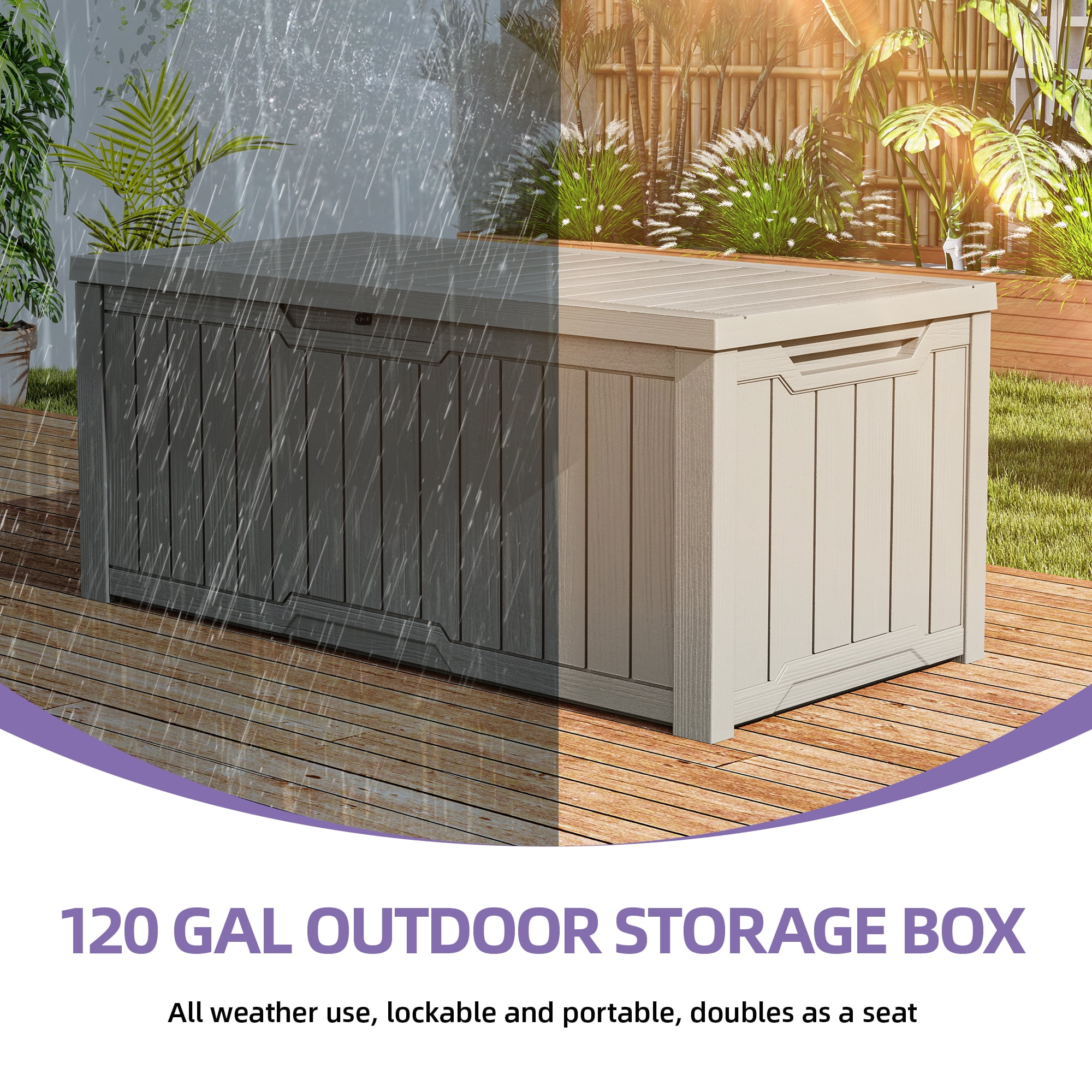 Uforic 120 Gallon Large Resin Deck Box, Lockable Outdoor Storage Boxes ,Waterproof, Light Brown