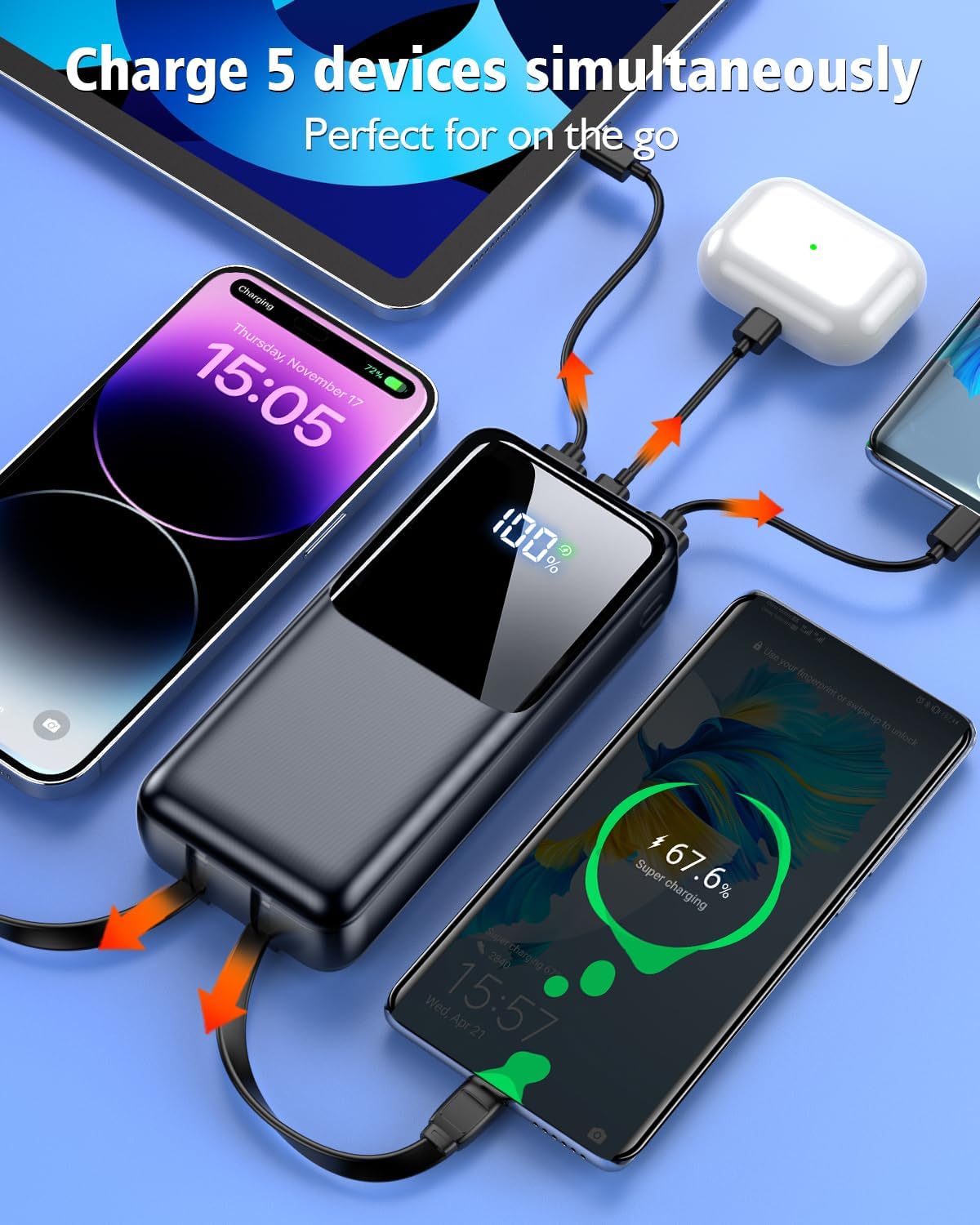 Portable Charger Power Bank, 20000mAh Fast Charging Portable Battery Pack with Built in USB-C(22.5W) and iOS(20W) Output Cables Compatible for iPhone Android Samsung Phone, Black