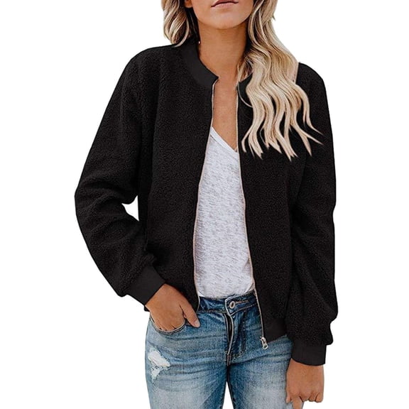 Women's Faux Fur Long Sleeve Casual Sherpa Zipper Clip Bomber Jacket