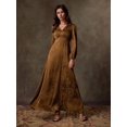 thumbnail image 3 of Mocha Brown Satin Jacquard V-Neck Wrap Maxi Dress With Puffed Sleeves, 3 of 7