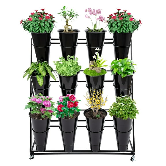 YIYIBYUS 3 Layers Metal Plant Stand with Wheels, Indoor Outdoor Flower Display Stand Modern Plant Shelf with Flower Bucket for Home Patio Balcony Black