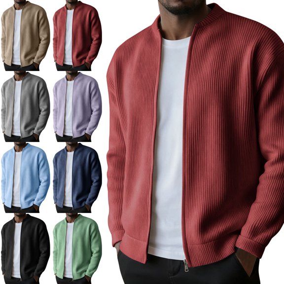 Danhjin Men's Casual Jackets Fall Winter Full Zipper Crew Neck Long Sleeve Loose Outerwear Fashion Comfy Coats