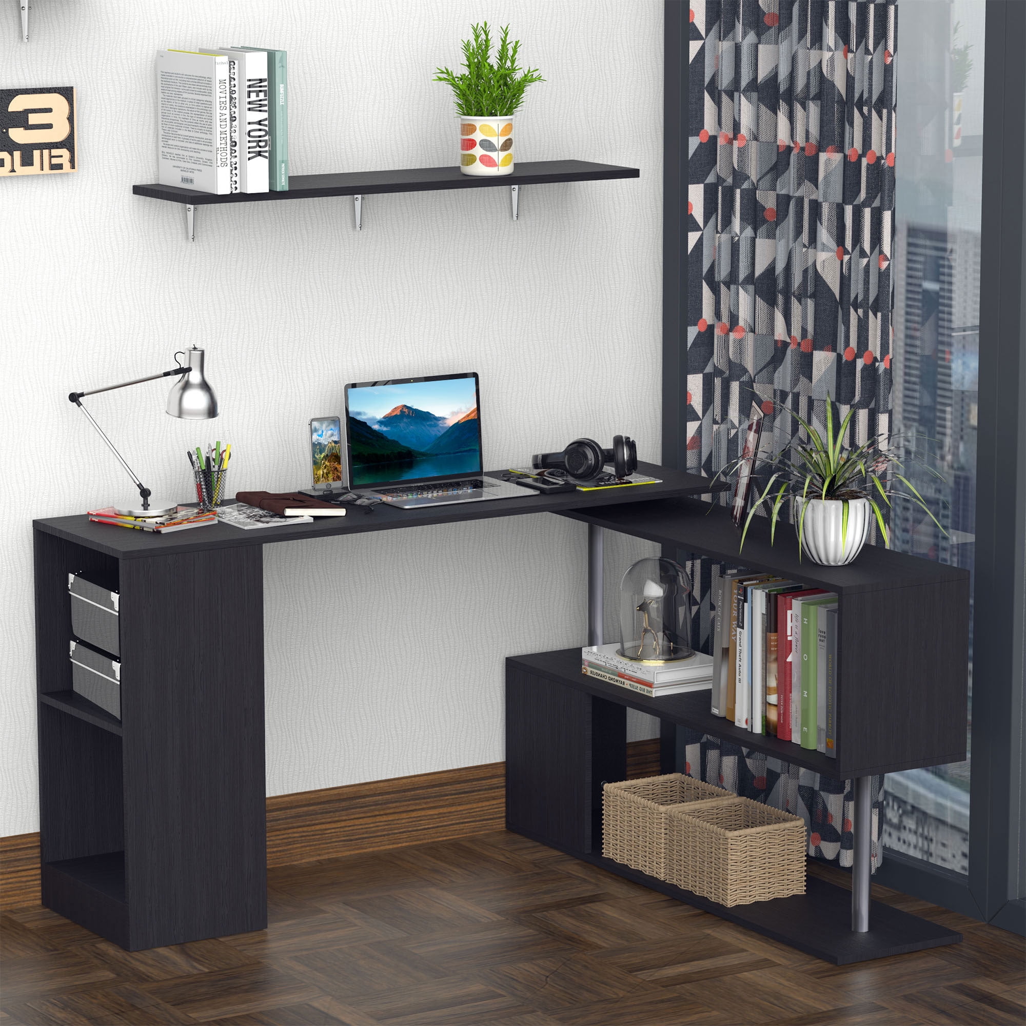 HomCom 55" 360° Rotating Corner Computer Desk Modern L-Shaped Home Office Workstation with 3-Tier Storage Shelves, Bookshelf, Black