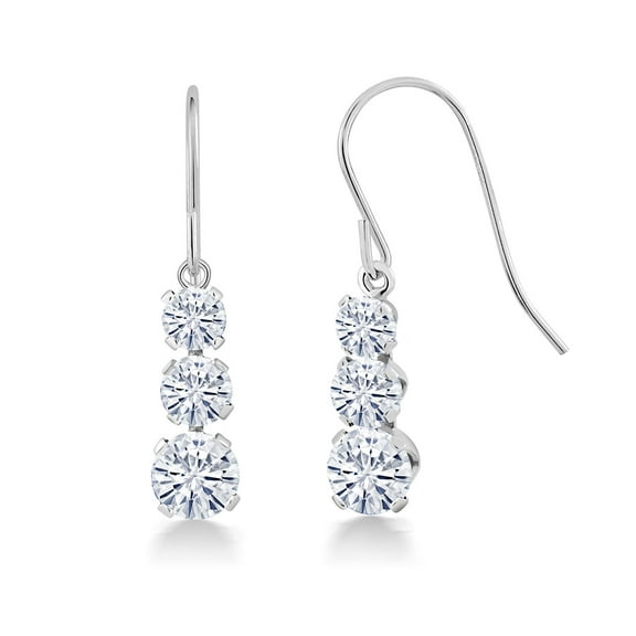Gem Stone King 925 Sterling Silver White Moissanite 3-Stone French Wire Dangle Earrings for Women (1.66 Cttw, Round 5MM, 4MM and 3MM)
