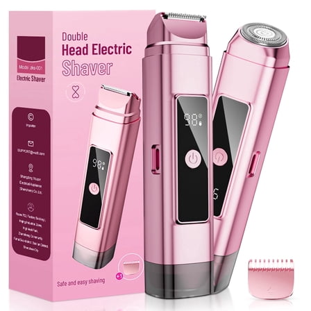 Nogroa 2 in 1 Women Electric Shaver, Dual Head Bikini Trimmer for Women, IPX7 Waterproof Wet & Dry Body Pubic Hair Trimmer, Cordless Lady Electric Razor for Face, Underarm & Legs, Pink