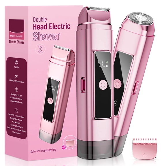 Nogroa 2 in 1 Women Electric Shaver, Dual Head Bikini Trimmer for Women, IPX7 Waterproof Wet & Dry Body Pubic Hair Trimmer, Cordless Lady Electric Razor for Face, Underarm & Legs, Pink