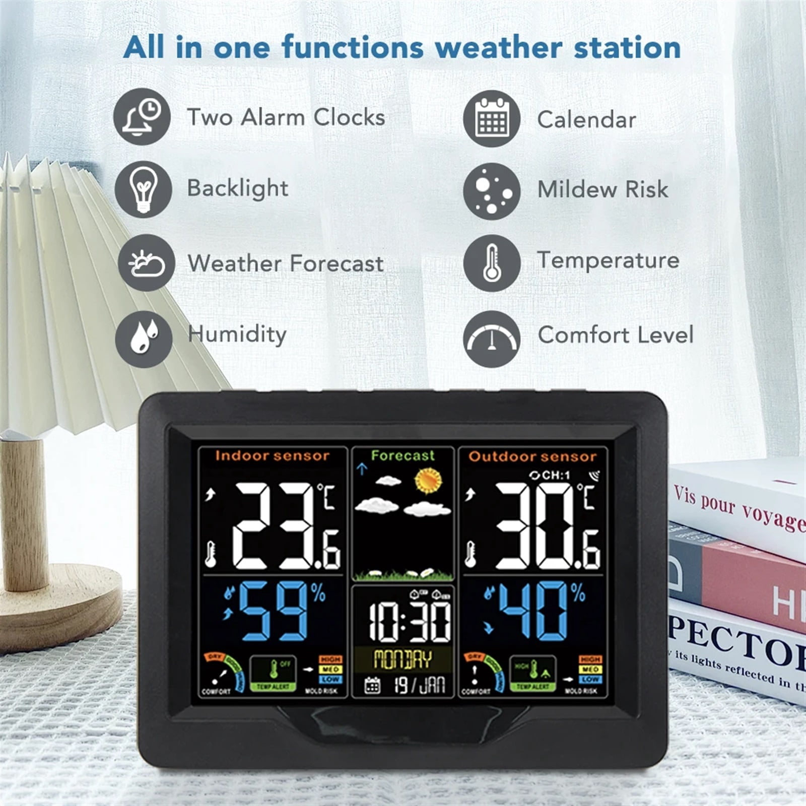 Weather Station Thermometer Humidity Forecast Mildew Grade Alarm Clock Wireless Desk Table Tool 3 with Outdoor Sensors ,High Precision