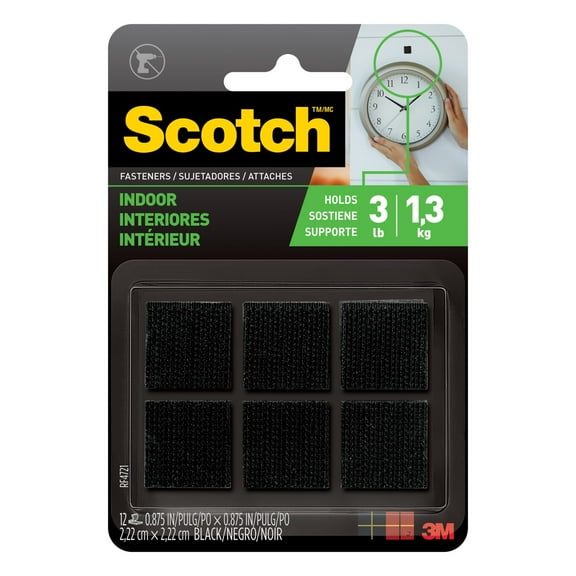 Scotch Black Hook & Loop Fasteners, Indoor Use, Holds 3 lbs, 7/8 in x 7/8 in, 12 Count