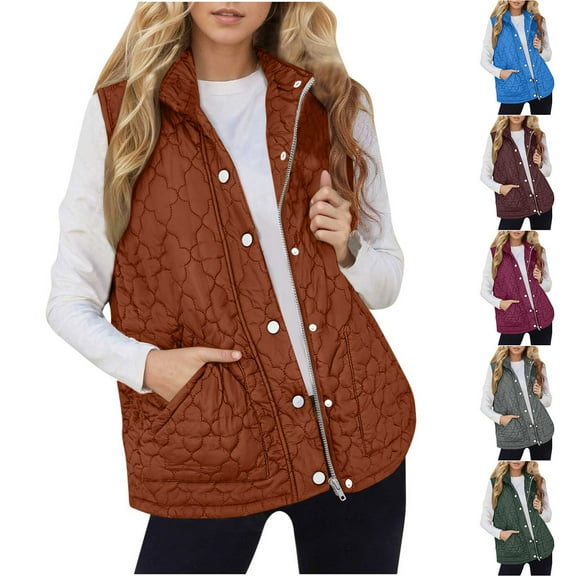 Nfurl Ladies Outerwear Vest with Pockets Trendy Winter Solid Color Zip up Puffer Vests for Women Dressy Casual Quilted Puffy Sleeveless Jacket Orange XXXL