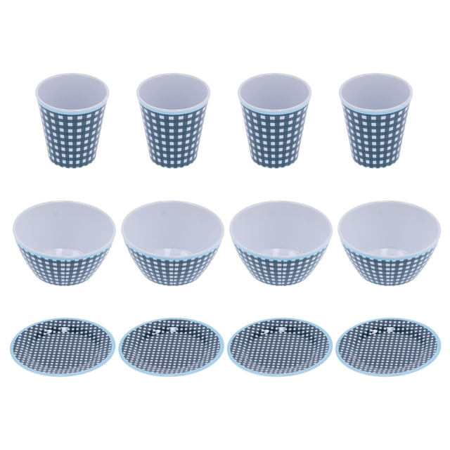Juego de vajilla de 12 piezas con rejilla azul oscuro de melamina, taza, tazón y plato para el hogar, restaurante y cocina.