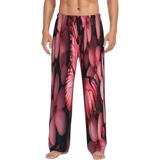 Fotbe pink butterfly Pantalones de Pijama para Hombre, Pantalones de Dormir, Pantalones de Casa con Cintura Ajustable y Bolsillos-Small
