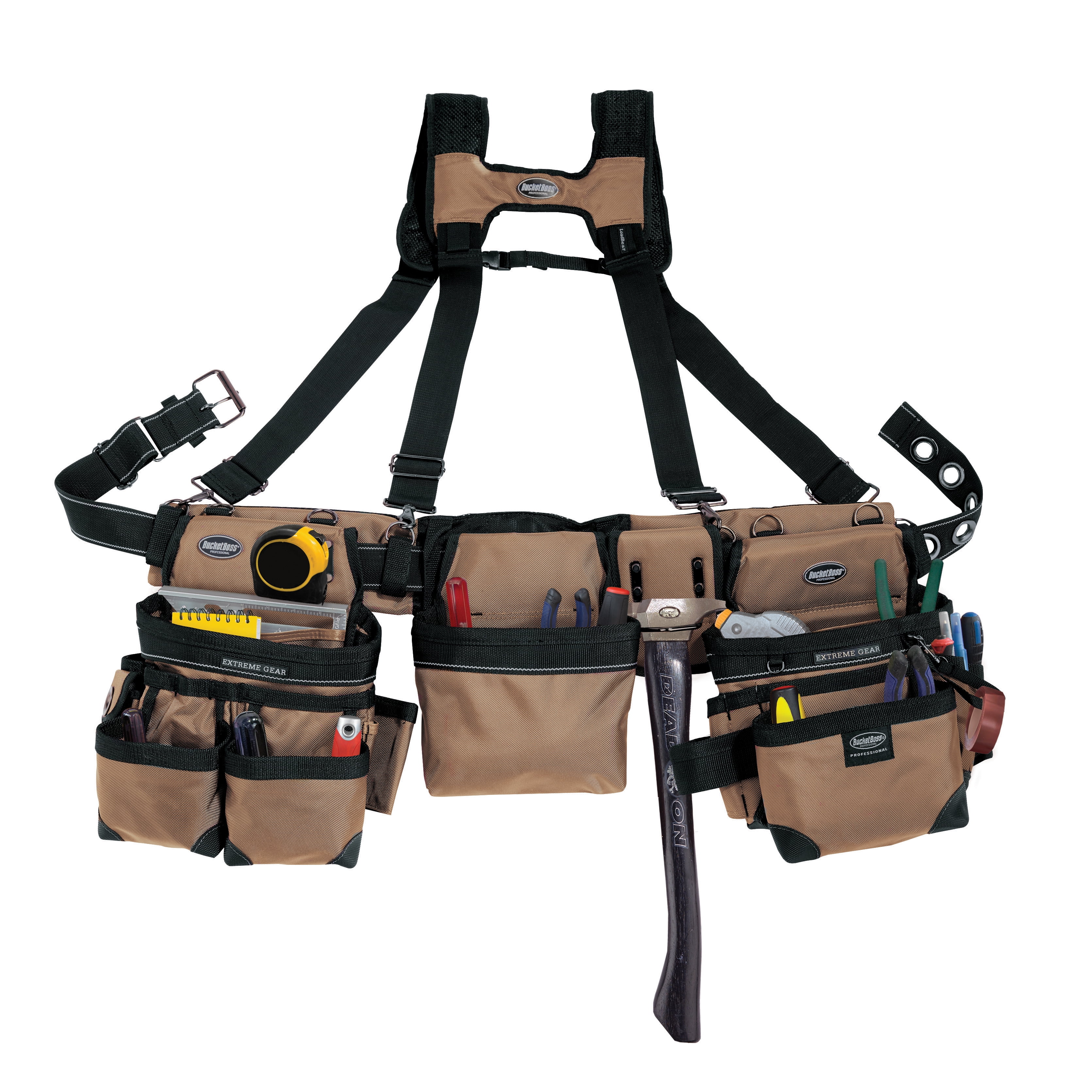 Bucket Boss 3 Tool Bag Tool Belt with Suspenders, in Tan, 55185TN