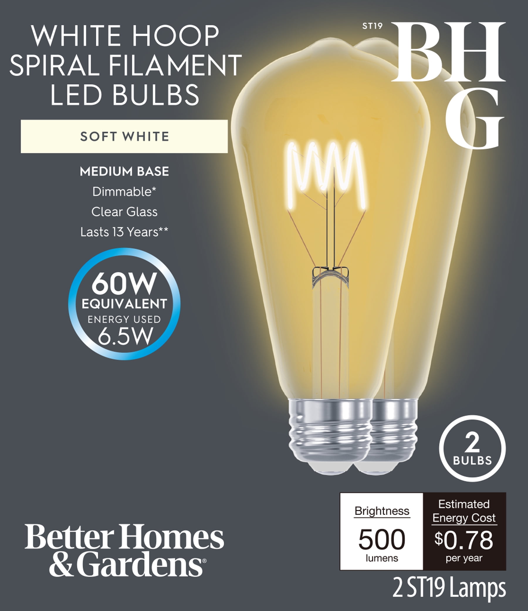 (2 pack) Better Homes & Gardens 6.5W (60W Equivalent) Soft White Dimmable ST19 White Filament Light Bulb E26 Base 2 Pack