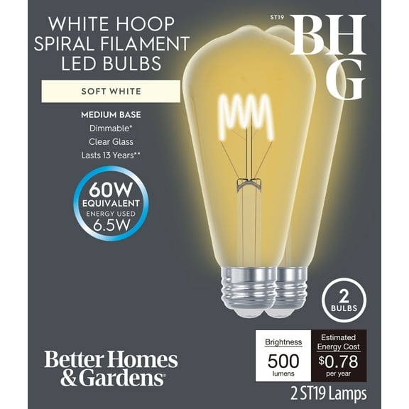 Better Homes & Gardens 6.5W (60W Equivalent) Soft White Dimmable ST19 White Filament Light Bulb E26 Base 2 Pack