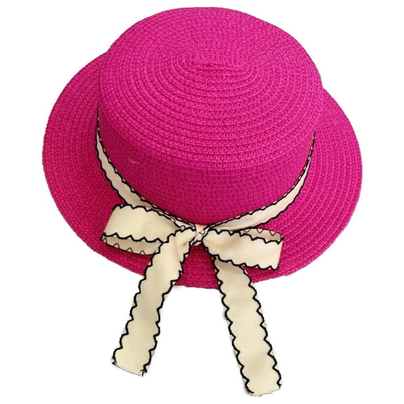 56-58 cm hat circumference female bow flat top hat summer hat outdoor sunshade beach sun hat - Rose red