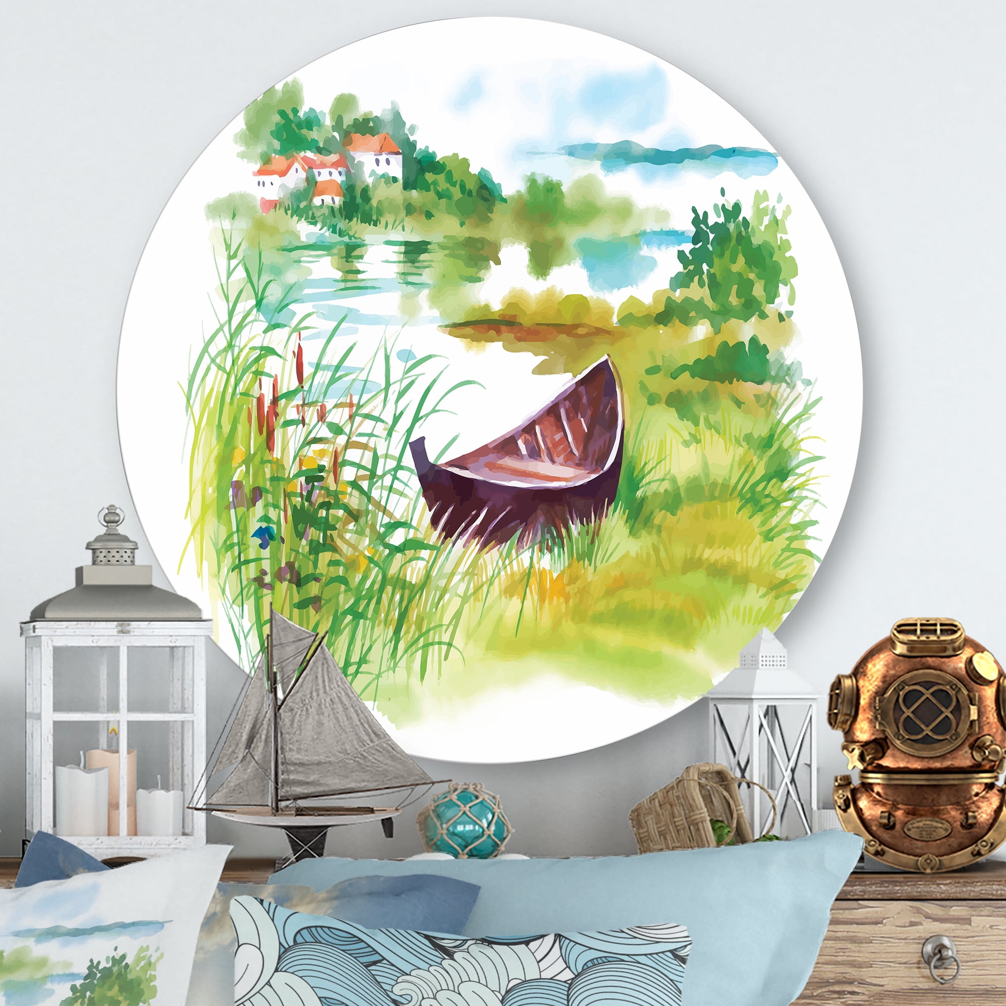 Designart 'Rural Green Landscape With Boat In Lake' Lake House Circle Metal Wall Art 23x23 - Disc of 23
