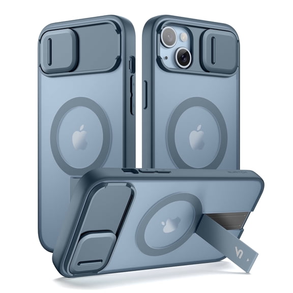 SURITCH for iPhone 13 / 14 Magnetic Case, Compatible with Magsafe, with Built-in Kickstand, Camera Cover and Translucent Back, Rugged Shockproof Cases Slim Protective Cover, Translucent Blue
