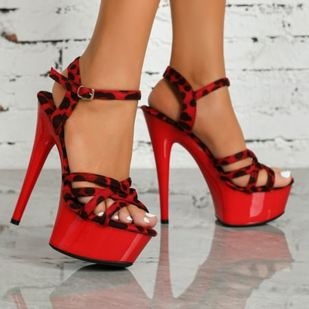

Women‘s Leopard Print Stiletto Sandals Open Toe Ankle Strap Criss Cross Platform High Heels Women‘s Fashion Pumps