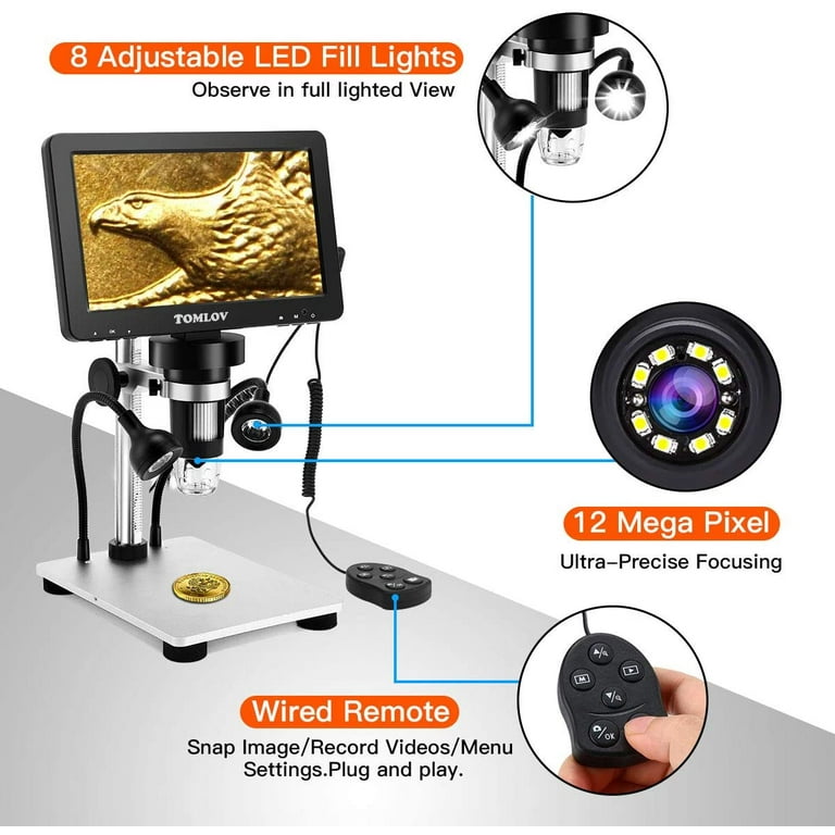 TOMLOV Coin Microscope 1000X 4.3 LCD Digital Microscope with LED Side  Lights, Metal Stand Photo/Video Electronic Microscop