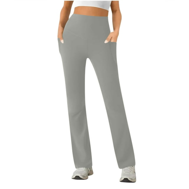 Amzcrzy Pantalones Yoga Mujer Color Liso - Cintura Elástica, Control Abdominal, Corte Acampanado, Leggings Elásticos Cómodos, Bolsillos S-2XL Gris