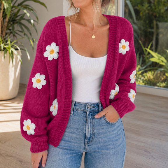 Maqroz Fall Cardigans for Women Long Sleeve Open Front V Neck Chunky Knit Sweaters Featuring 3D Floral Daisy Applique Cute Boho Outerwear Vintage Tops