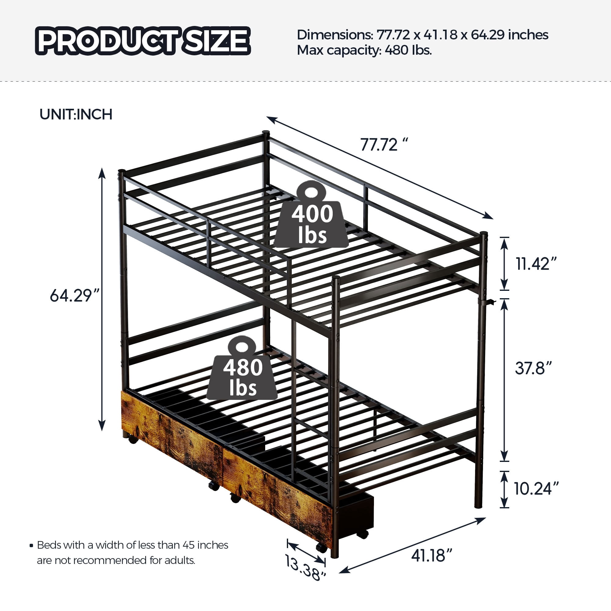 MAYEERTY Metal Bunk Bed with Drawers, Heavy Duty Twin Over Twin Bed Frame with High Guardrail and Ladder, Noise Free Under-Bed Storage Space