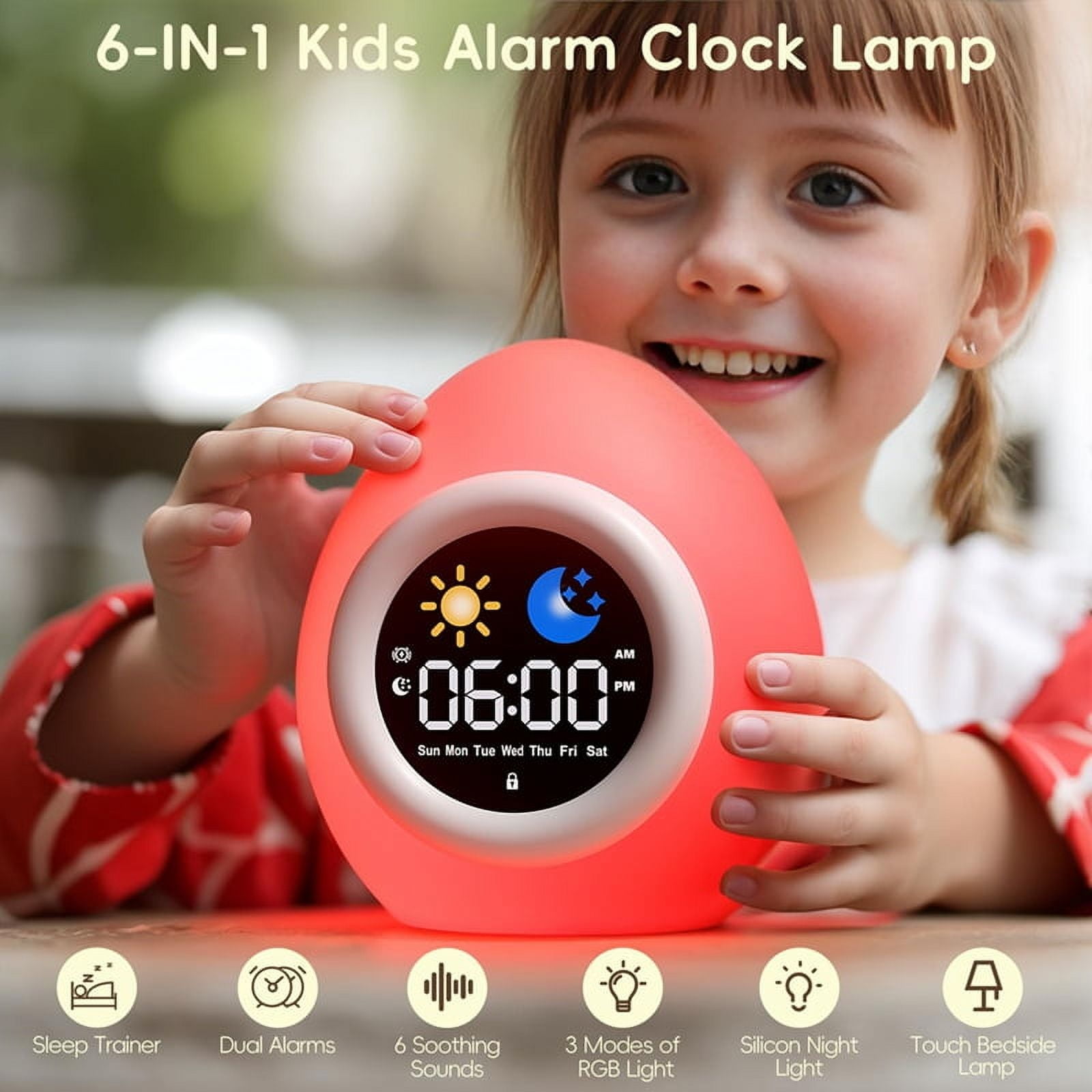 Alarm Clock for Kids Toddlers, Cute Touch Night Light with 6 White Noise Sound Machine, Ok to Wake Clock for Kids