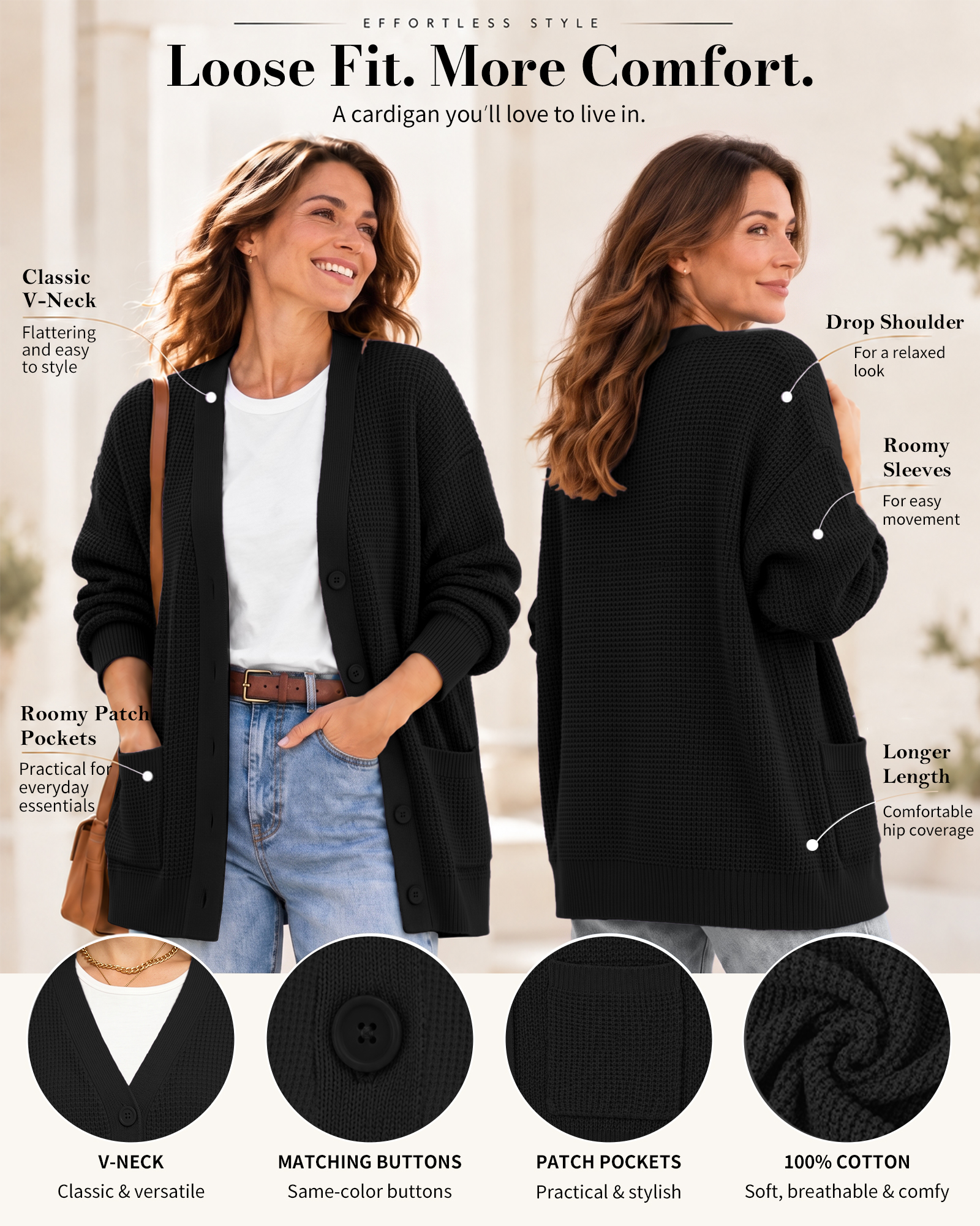 QUALFORT Women's 100% Cotton Oversized Cardigan with Pockets photo 3