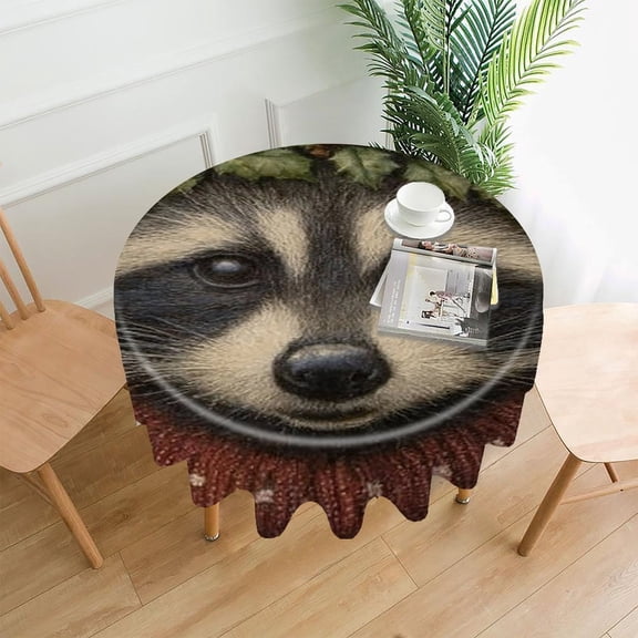 RKSupls 60 Inch Round Tablecloth, Raccoon Holly Wreath Premium Polyester Straight Edge Wrinkle Resistant Washable Table Cover for Party Home Dining Decor