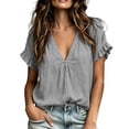 thumbnail image 2 of Women's Casual Linen V-Neck Short Sleeve Solid Color Blouse Top, 2 of 7