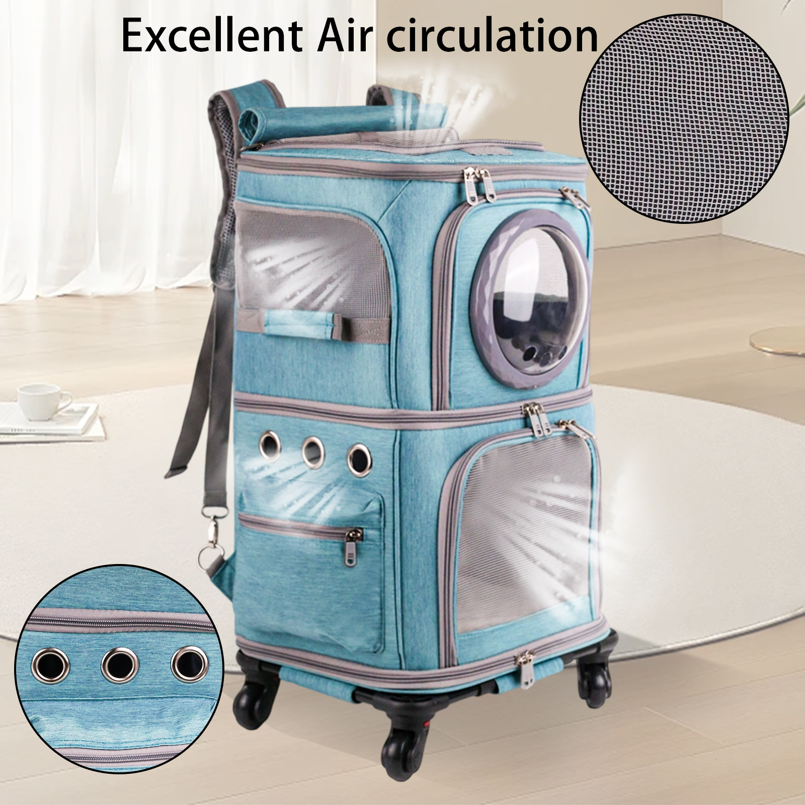 2-in-1 Pet Carrier Backpack for Two Cats or One Dog with Puller & Roller, Green Double-Layer 2 Compartment Carry Bag to Transport Small Animals Traveling and Hiking, Space Capsule Clear Bubble Dome